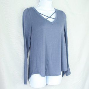 Super SOFT Blue Cross V Neck Long Sleeve Hi-Lo Top
